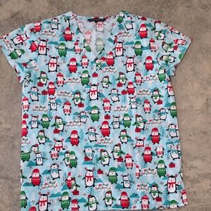 Cassandra O Scrubs Cute Penguin Womens Size Small Scrub Top Merry Christmas T8